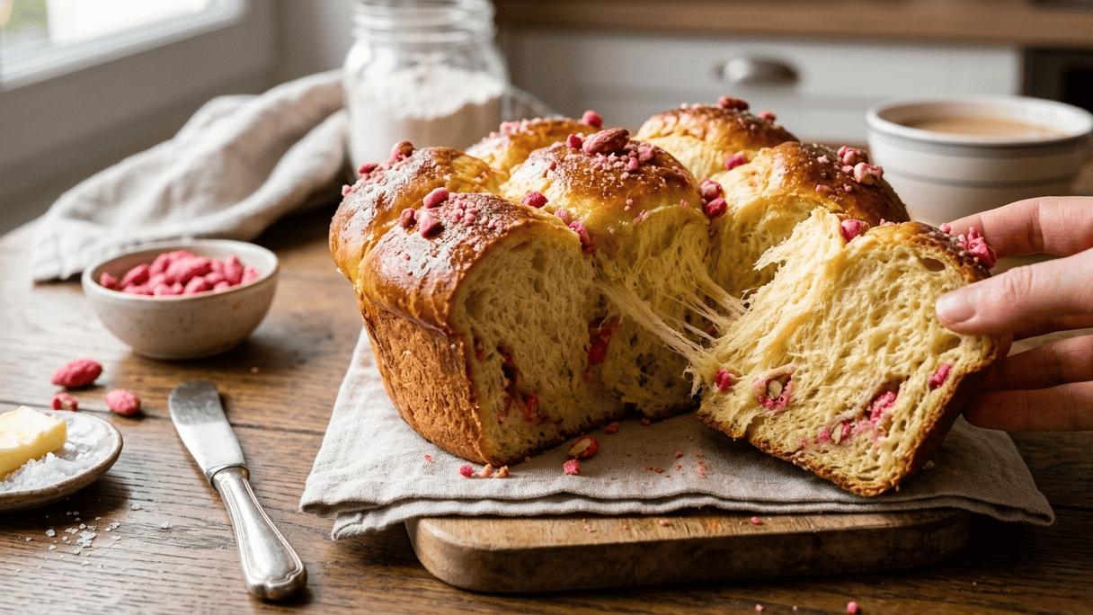 Recette de brioche aux pralines roses pour une mie filante